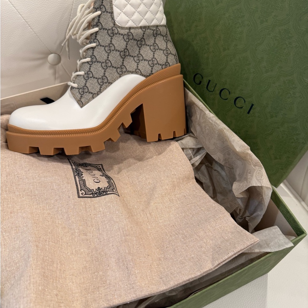 Gucci White and Tan Heeled Boots with Chunky Sole